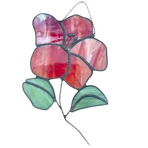 Stained Glass Red Poppy Flower Suncatcher 8" Hanging Window Decor Handmade Art